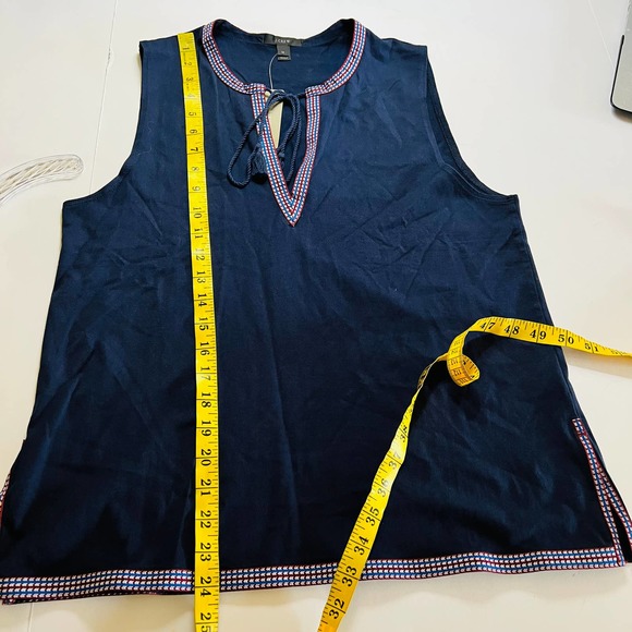 J. Crew Cotton Navy Multicolored Trim Sleeveless Tie Neck Top Size Medium NEW - Picture 8 of 9